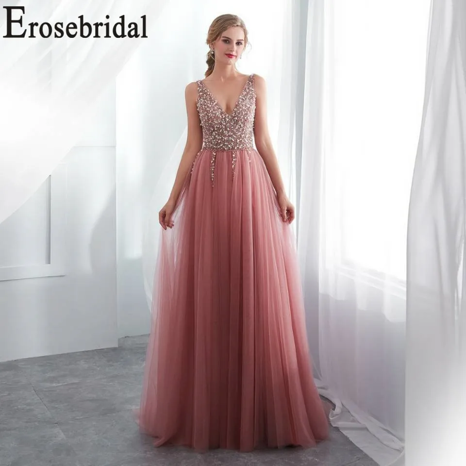 Erosebridal бисерное платье для выпускного 2019 V шеи Розовый Тюль развертки поезд