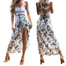 Новая Boho Женская Цветочная длинная юбка с поясом и разрезом, летняя пляжная Солнечная юбка, Цветочная юбка-пачка с рюшами, летняя одежда Faldas