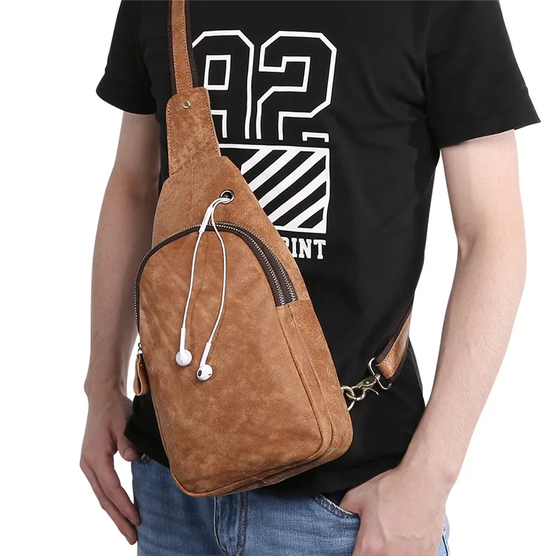 

Nesitu Brown Soft Real Skin Genuine Leather Women Men Chest Bag Cowhide Female Male Messenger Bags With Headphone Hole M6401