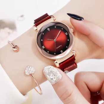 

Luxury Diamond Watch For Women 2019 Fashion Red Magnet Buckle Mesh Strap Female Quartz Clock Elegant Ladies Wristwatches Gifts
