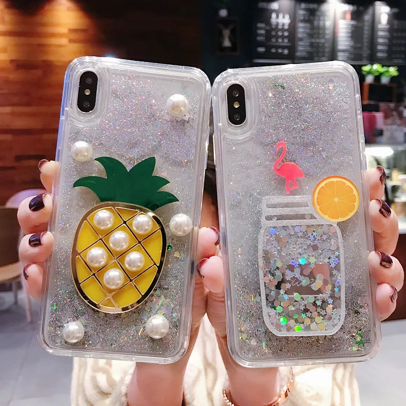 For iPhone XS XR MAX Anti-knock Case X 6 6S 7 8 Plus Cute Fruit pineapple Liquid quicksand Soft TPU Phone |