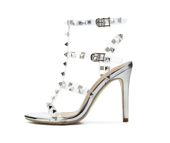 

Moraima Snc Fashion T-strap PVC Patchwork High Heel Sandals Open Toe Rivets Studded Thin Hees Shoes Woman Ankle Strap Sandal