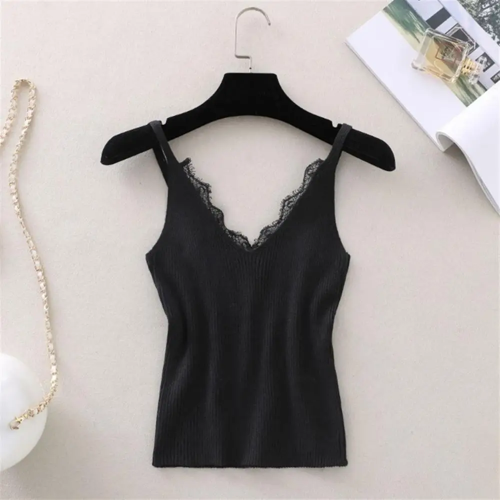 

2019 New Hook Flower Lace Solid V-neck Summer Top Wemon Knitted Short Section Slim Outer Wear Shirt Trend Tank Tops