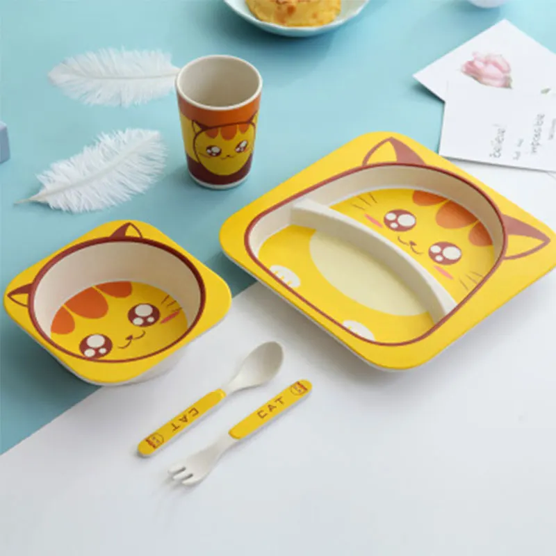 Новинка, 5 комплектов детской посуды, мультяшная рисовая чашка для кормления малыша чашка для еды, бамбуковое волокно, Детские милые столовые приборы, посуда для мальчиков и девочек