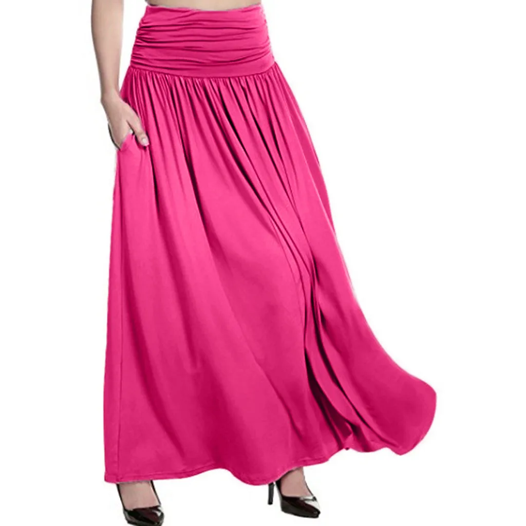 Свободная Женская Однотонная юбка макси с высокой талией, Женская Повседневная Длинная юбка, женская летняя плиссированная юбка размера плюс 1 - Цвет: Розовый