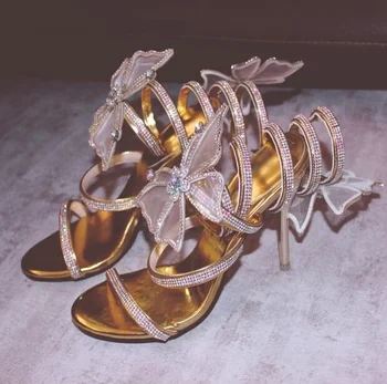 

Vintage Gold Wedding Shoes Bride Butterfly-knot Crystal Embellished Women Sandals Cross Strap Cut-out Gladiator Sandals Shoes