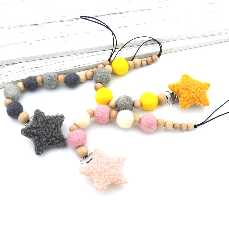 Grey gold pink wool star Pacifier Clip light Dummy Holder felt ball beads Natural beech wooden beads paci holder NT273