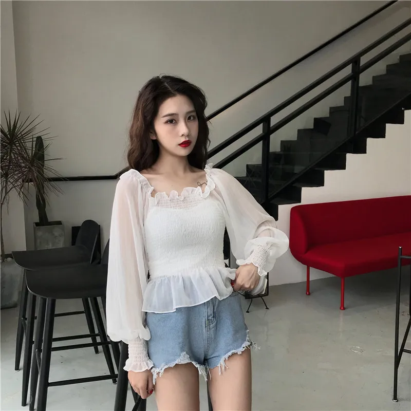 Shirts Women Slash Neck Lace Full Short Simple Elegant Ladies Korean Style Shirt Womens Slim Soft Chiffon Lantern Sleeve Shirt