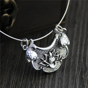 

C&R Real 990 Sterling Silver pendants Necklace for women double fish Lotus Retro Ethnic Style Lady Pendant Fine Jewelry