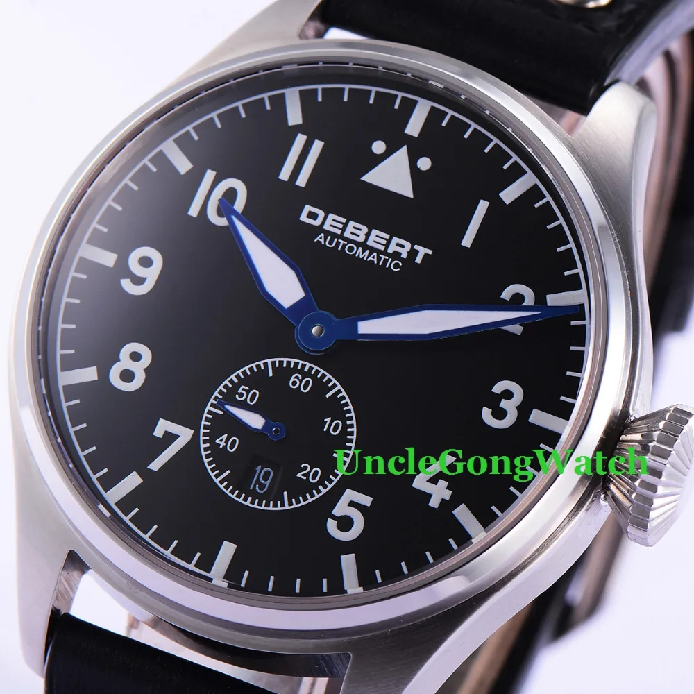 

42mm DEBERT Black Dial Sapphire Crystal Luminous Black Rivets Leather strap Mens Automatic Watches