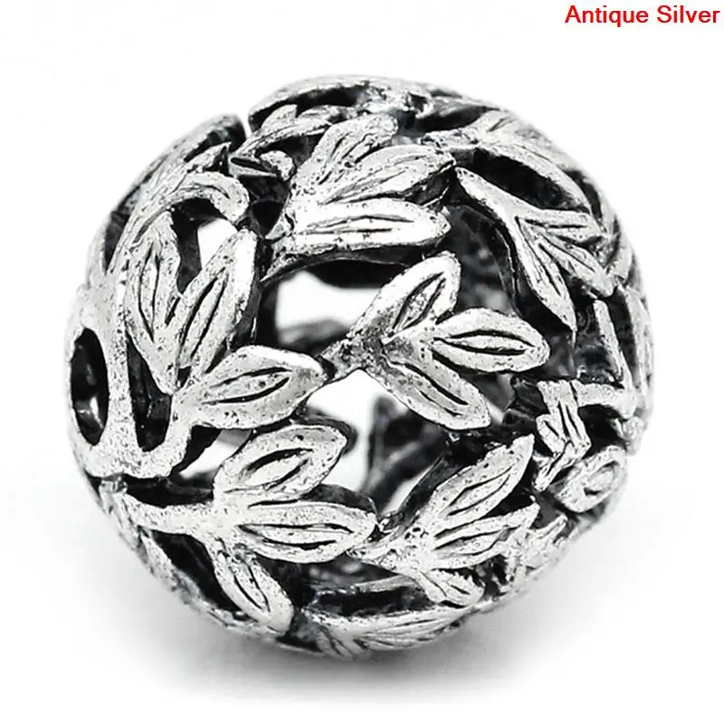 

DoreenBeads Zinc metal alloy Spacer Beads Round Antique Silver Leaf Pattern About 14mm( 4/8") Dia, Hole:Approx 2.2mm, 1 Piece