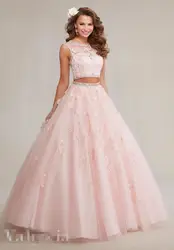 Платья из двух частей розового цвета для пышных принцесс, недорогие 2017, 2 предмета, кружевное фатиновое платье без рукавов с бисером, милое
