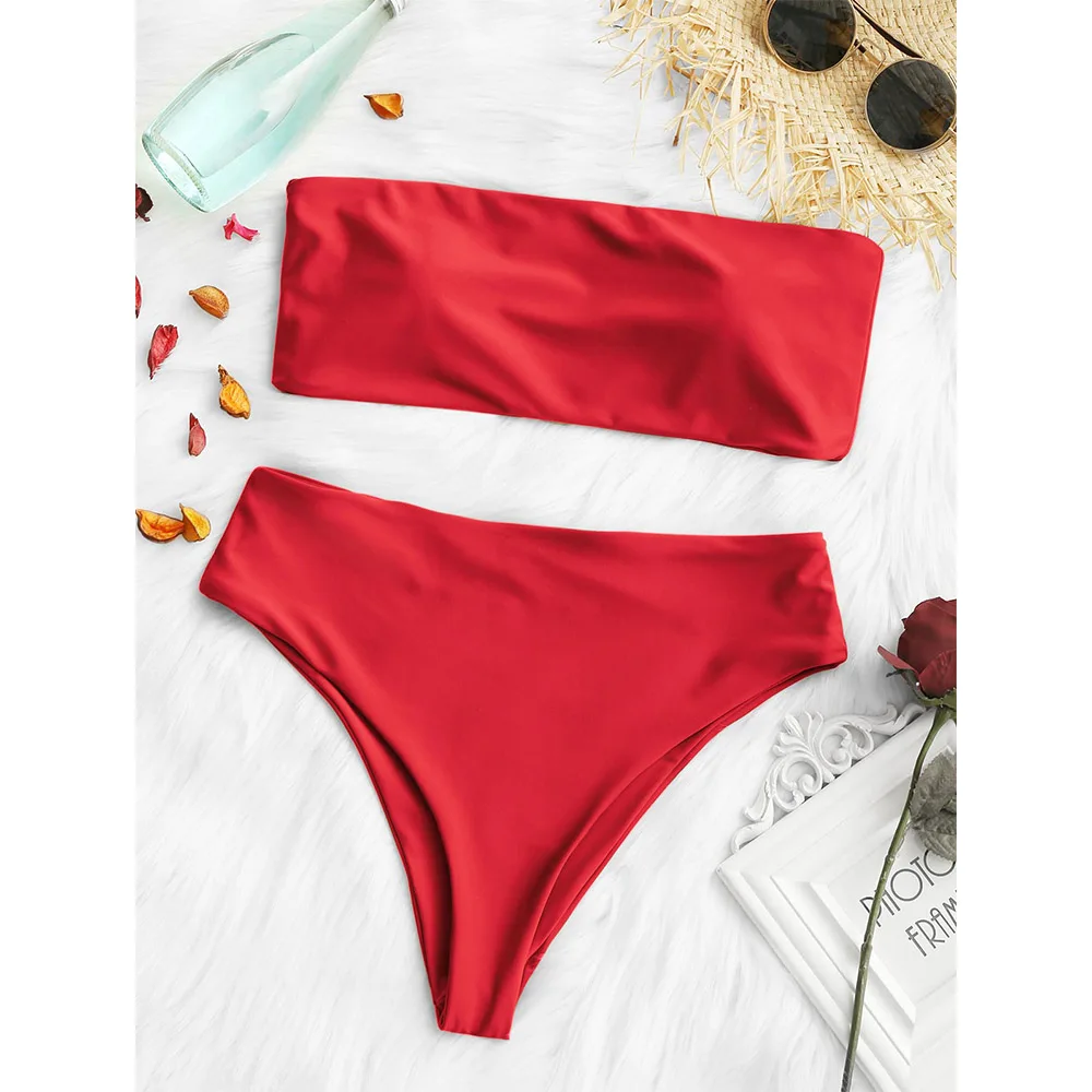 

ZAFUL Bandeau Bikini Padded High Leg Bikini Set Strapless Swimwear Women Swimsuit Solid Bathing Suit Beach Wear Maillot De Bain