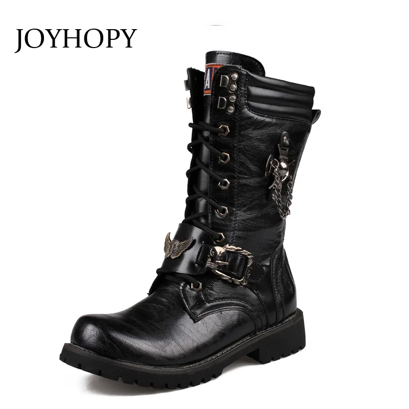 

JOYHOPY Men PU Leather Boots Military Man Motorcycle Boots Cowboy Mid-Calf Martin Boot Male Winter Warm High Top Shoes AMB2014