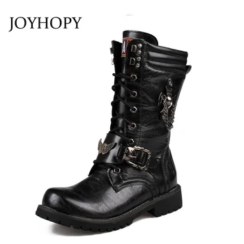 

JOYHOPY Men PU Leather Boots Military Man Motorcycle Boots Cowboy Mid-Calf Martin Boot Male Winter Warm High Top Shoes AMB2014
