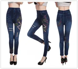 Искусственная лосины из джинсовой ткани полые Цветочный ПРИНТ леггинсы Для женщин Имитация джинсов узкие эластичные леггинсы для фитнеса