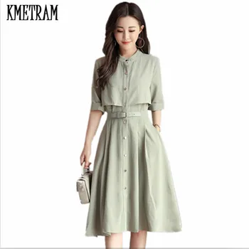 

KMETRAM 2020 New Spring Summer Dress Women Elegant Stand Collar Dress Slim Solid Color Short sleeve Vestidos Robe Femme HH813