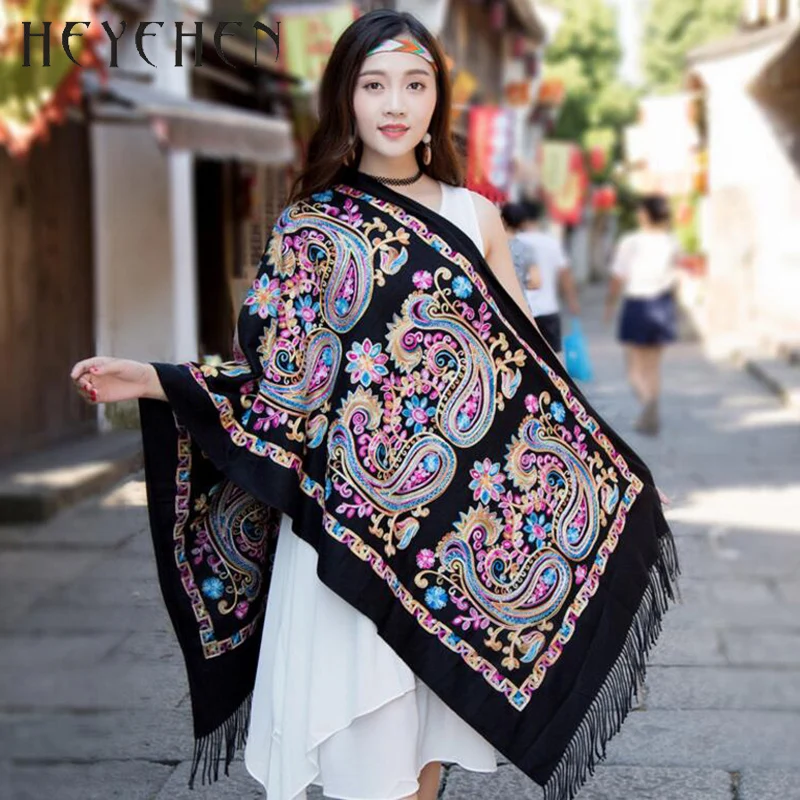 

New Design Fashion Women Winter Solid Scarf Embroidered Cashew Flower Long Shawl Beautiful Bufanda Elegant Tippet Pashmina HY114