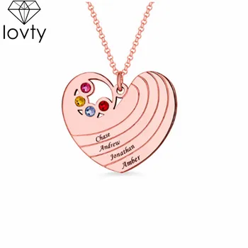

lovty Personalized Name Necklace Engrave Four Names Heart Necklace with Birthstone Custom Pendant Necklace Women Birthday Gift
