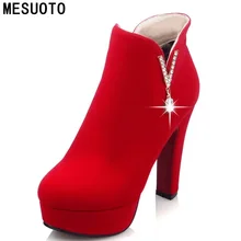 MESUOTO New Quality Nubuck Platform Square High Heels Fashion Womens Shoes Ankle Boots Red Wedding Party Shoes Woman