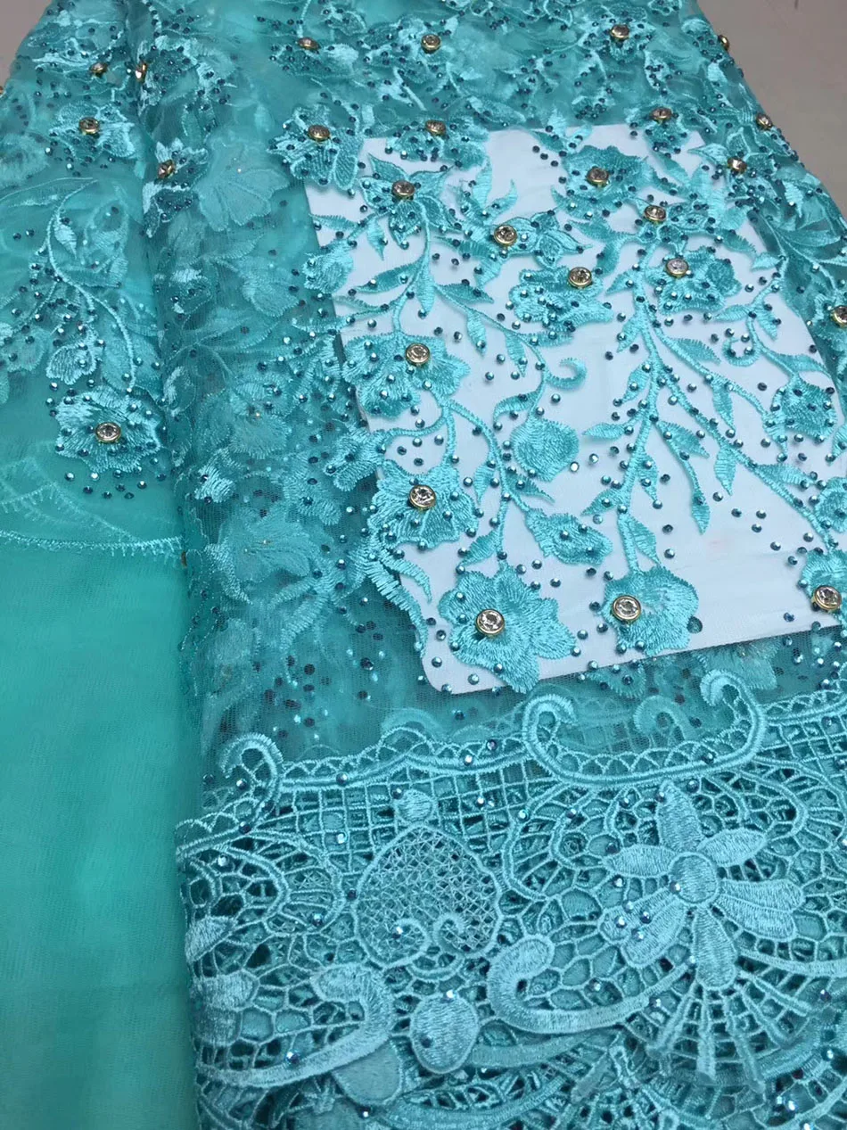 Buy Aqua Blue Mesh Embroidery Fabric, French Lace