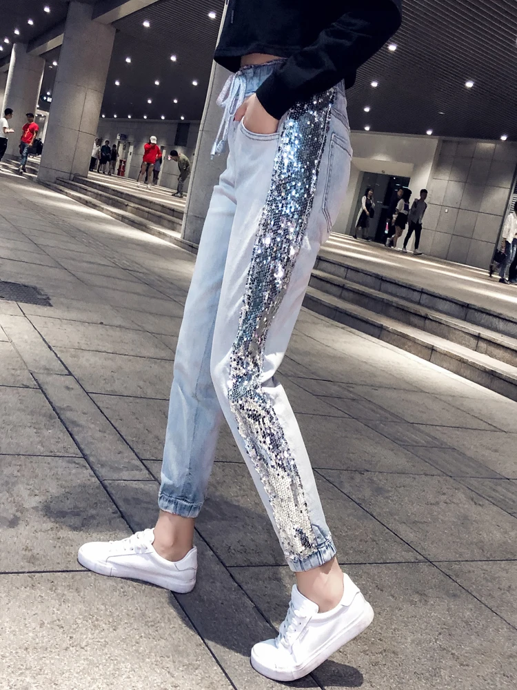 

LYFZOUS Sequins Side Jeans Harem Pants Women Ripped Denim Pants Female Drawstring Loose Spring Autumn Pantalon Femme For Woman