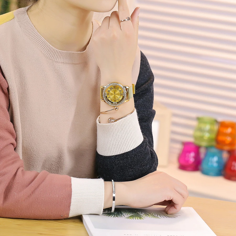 Бренд vansvar Для женщин розовое золото и серебро сетки Наручные часы модные Повседневное Для женщин со стразами наручные часы в подарок Relogio