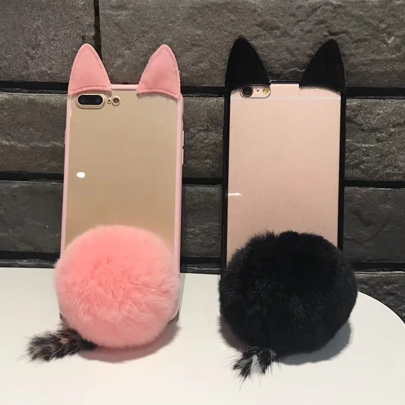 

Cute Artificial Fur Plush Cat Ear fur Tail Phone Cases for iPhone X Soft Edge Case