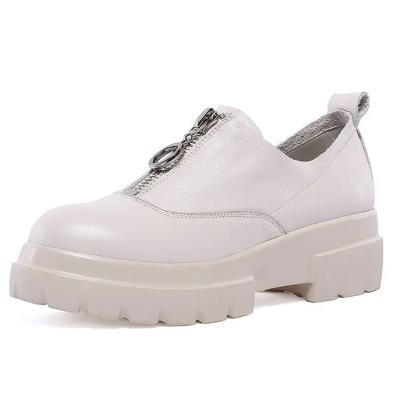 Size42 Luxe Compensées Femme Marque De Vache Vulcanisées Coins Sneakers En Zipper Élégant Chaussures Femmes Beige Décontracté noir Mocassins Cuir À Semelles 5qARL34j