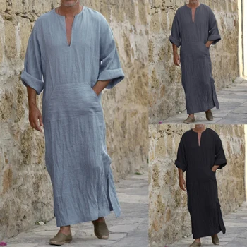 

2020 Men Islamic Kaftan Cotton Long Robe Dress Long Sleeve Pockets V-neck Lounge Men Islamic Arab Kaftan Long Pajamas Robe 5XL