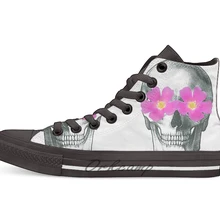 Цветочный дизайн черепа дышащая Повседневная Высокая обувь на шнуровке холщовая обувь кеды
