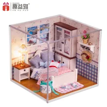 M002 миниатюрный DIY деревянный кукольный дом спальня игрушечная мебель Miniatura(мебель, свет, крышка для защиты от пыли) спальня кукольного домика игрушки