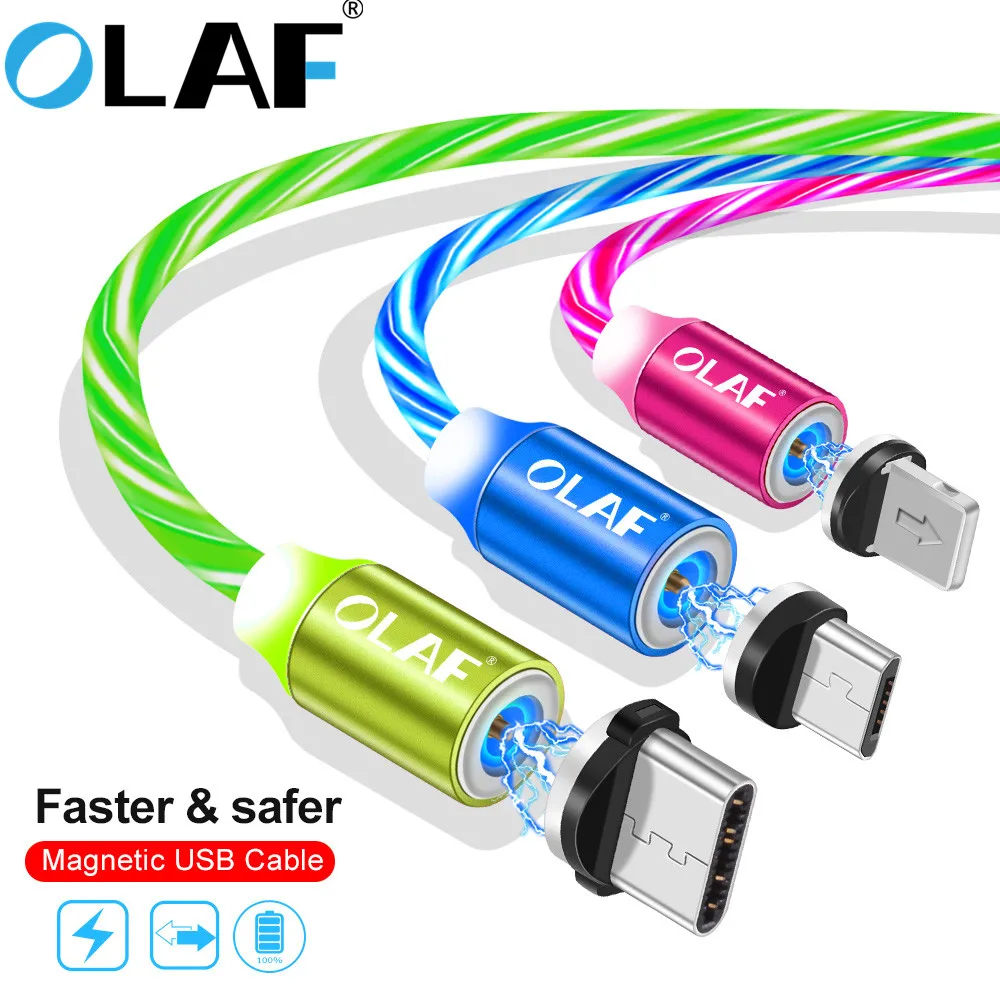 

OLAF Magnetic USB Cable for iPhone cables LED Glowing Flow Magnet Micro USB Type C Cable for Samsung Galaxy S9 S10 Xiaomi Huawei