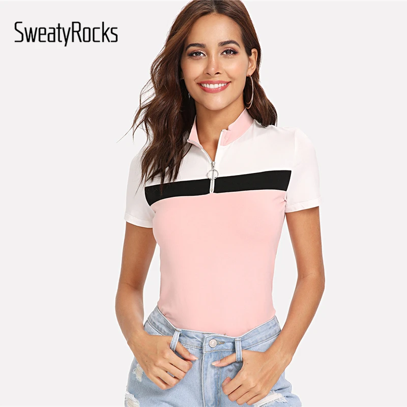 SweatyRocks Women T Shirt Striped Womens Clothing Summer Casual Tee Tops Ladies Short Sleeve Zip Up Color Block Slim T-Shirt SweatyRocks Women T Shirt Striped Womens Clothing Summer Casual Tee Tops Ladies Short Sleeve Zip Up Color Block Slim T-Shirt