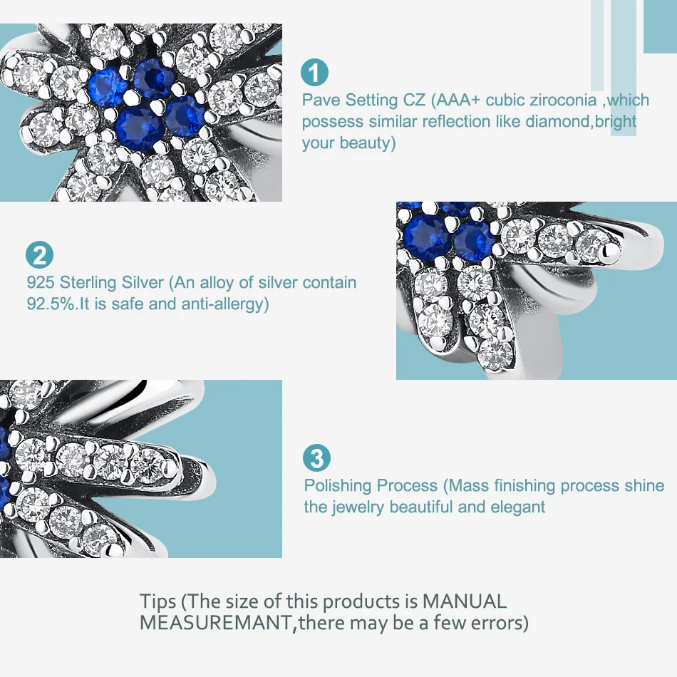 ELESHE синяя Хрустальная Снежинка Шарик Шарм с аутентичными стерлингового серебра 925 Подвески подходят браслет, женская бижутерия