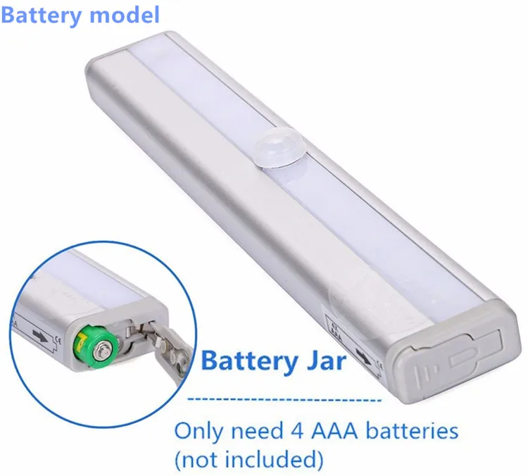 USB Перезаряжаемый под шкаф светильник ing 10Led PIR датчик движения Ночной светильник WW/W портативная наклейка беспроводной внутренний шкаф светильник - Цвет: 4xAAA battery model