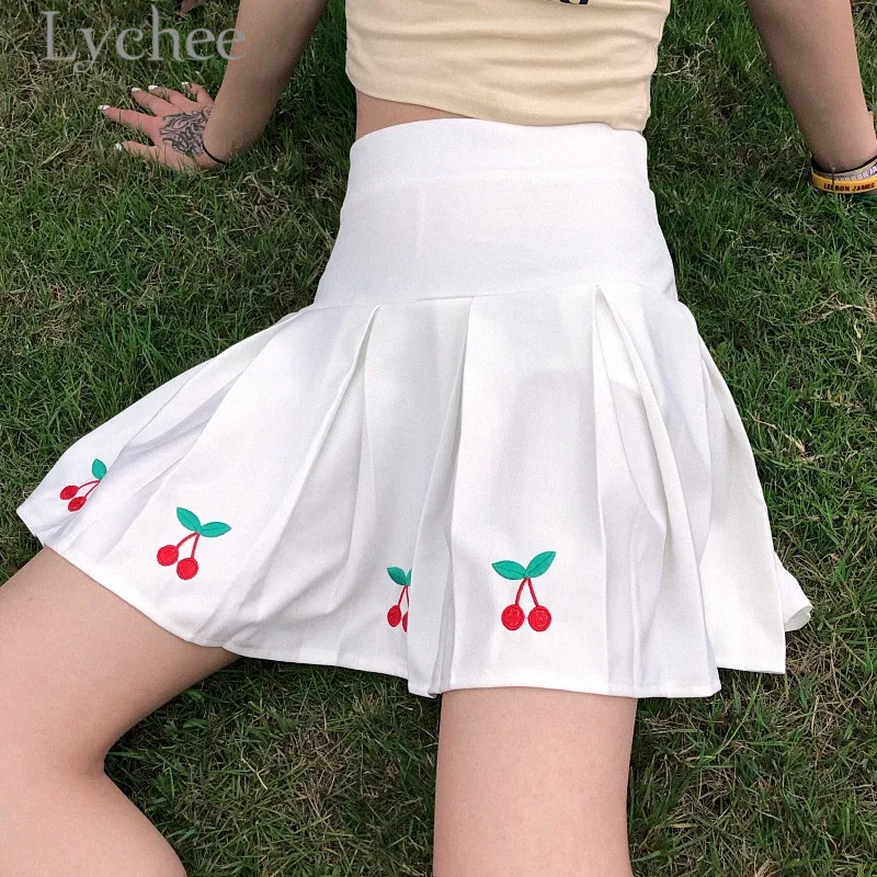

Lychee Preppy Style Cherry Embroidery Female Skirt Ruffles Summer Above Knee High Waist Loose Women Skirt