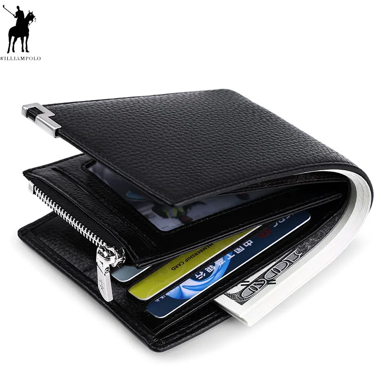 

WILLIAMPOLO Men Wallet Black Leather Clip Purse Card Coin Pocket Zipper Design bifolds Money Bag Male Business Cowhide Wallets