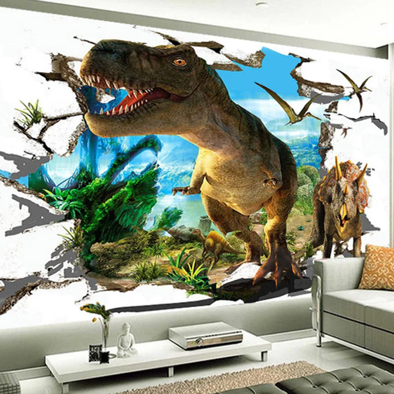 3D duvar resmi Duvar Kağıdı Özel Stereo Karikatür Kırık Duvar Dinozor