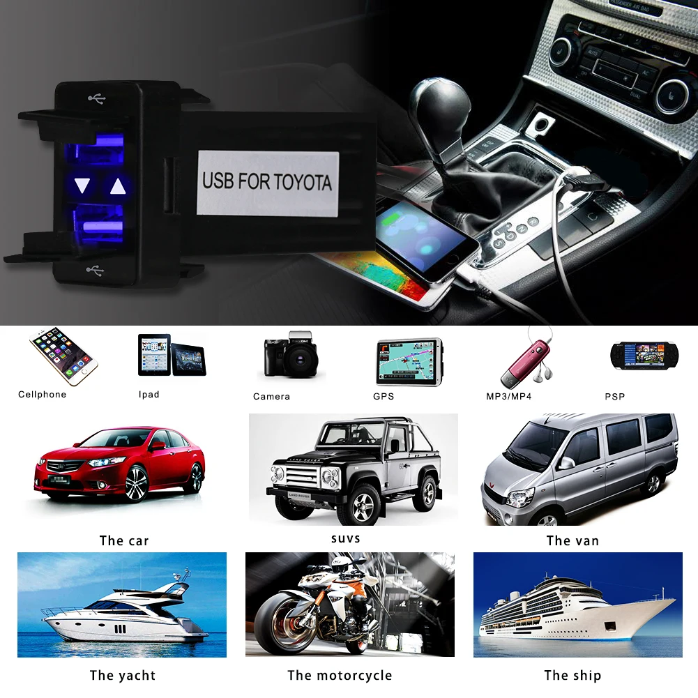

For Toyota USB Adapter Socket Port Dashboard 2.1a Dual USB Car Charger Power Adapter Socket For Iphone 7 plus Xiaomi
