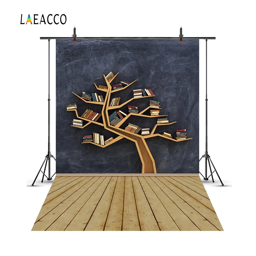 Laeacco Tree Shape Book Shelf Blackboard Wooden Floor Photography Backgrounds Customized Photographic Backdrops For Photo Studio