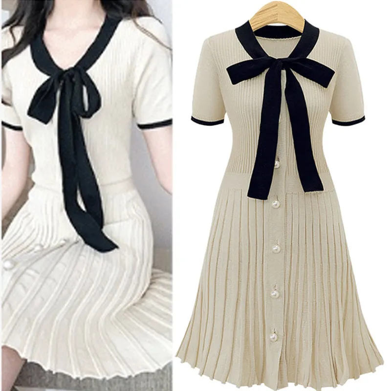 

New Summer Style Women Dresses Plus Size Fashion Casual Bow Collar Slim Solid Short Sleeve Knitted Dress For Women One-Piece