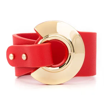 

Big Red Leather Bracelet Adjustable Size Gold Color Metal All-Match Wide Leather Bracelets For Women Fashion Wristband