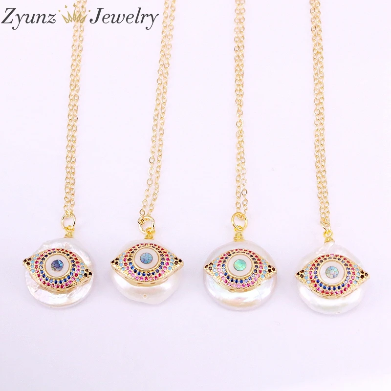 

5PCS, Nature Freshwater Pearl with CZ micro Pave Eye/Flower/Star Charm Pendant Necklace