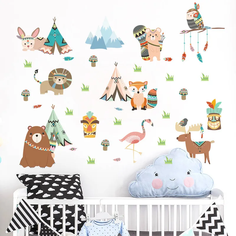Забавные Животные, индийское племя, Лев, белка, кролик, наклейки на стену для детской комнаты, Детская Наклейка на стену, декор для спальни