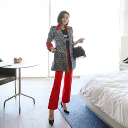 Комплект Женская мода темперамент из двух частей с длинными рукавами клетчатая куртка + тонкий женские брюки элегантные suit2019autumn и зима