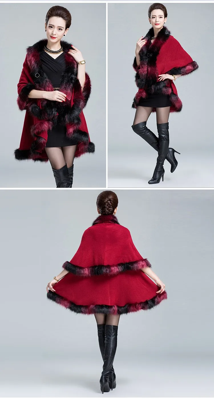 Искусственный Лисий мех смешанные цвета пончо пальто осень зима модный вязаный кардиган шерсть кашемир женские накидки и пончо