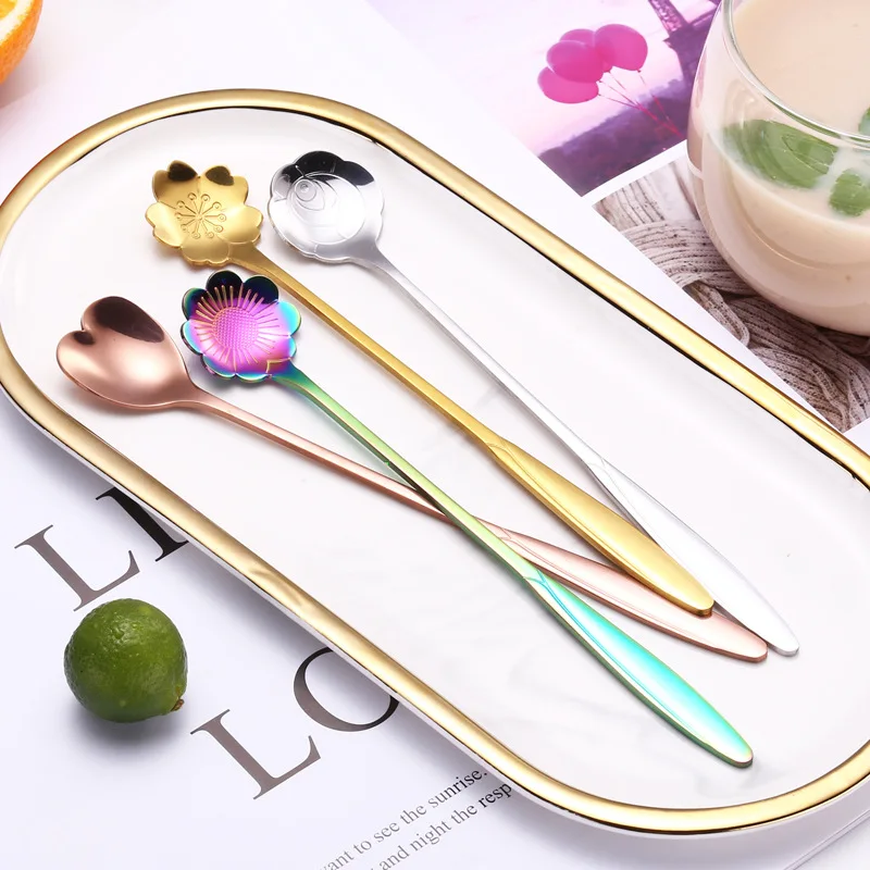 

1PC Creative Stainless Steel Rainbow Coffee Spoon Cold Drink Fruit Ice Cream Dessert Tea Stir Flower Spoon Kitchen Tableware
