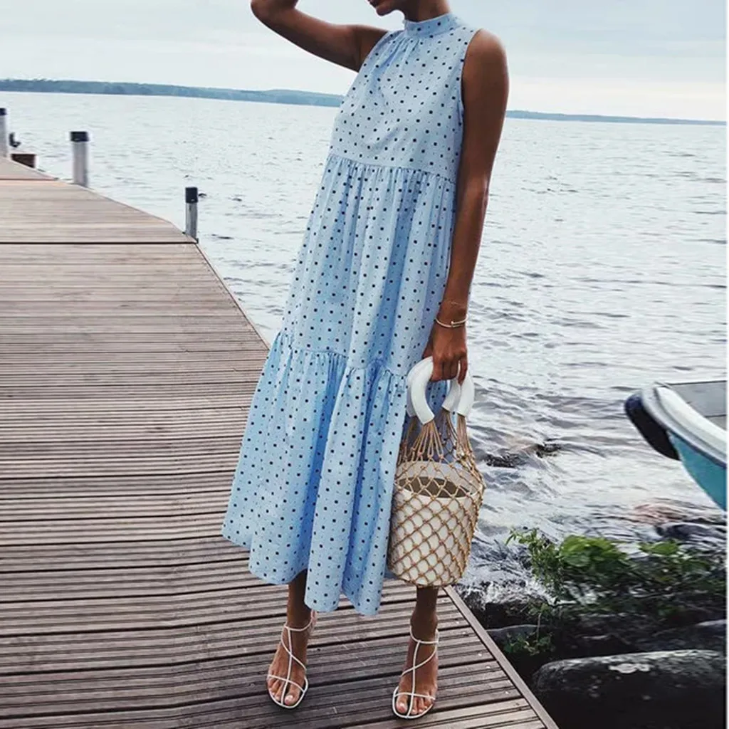 

Fashion Women Sleeveless Dot Print Loose Hem Dress Casual Holiday Beach Ladies Long Dresses Beauty