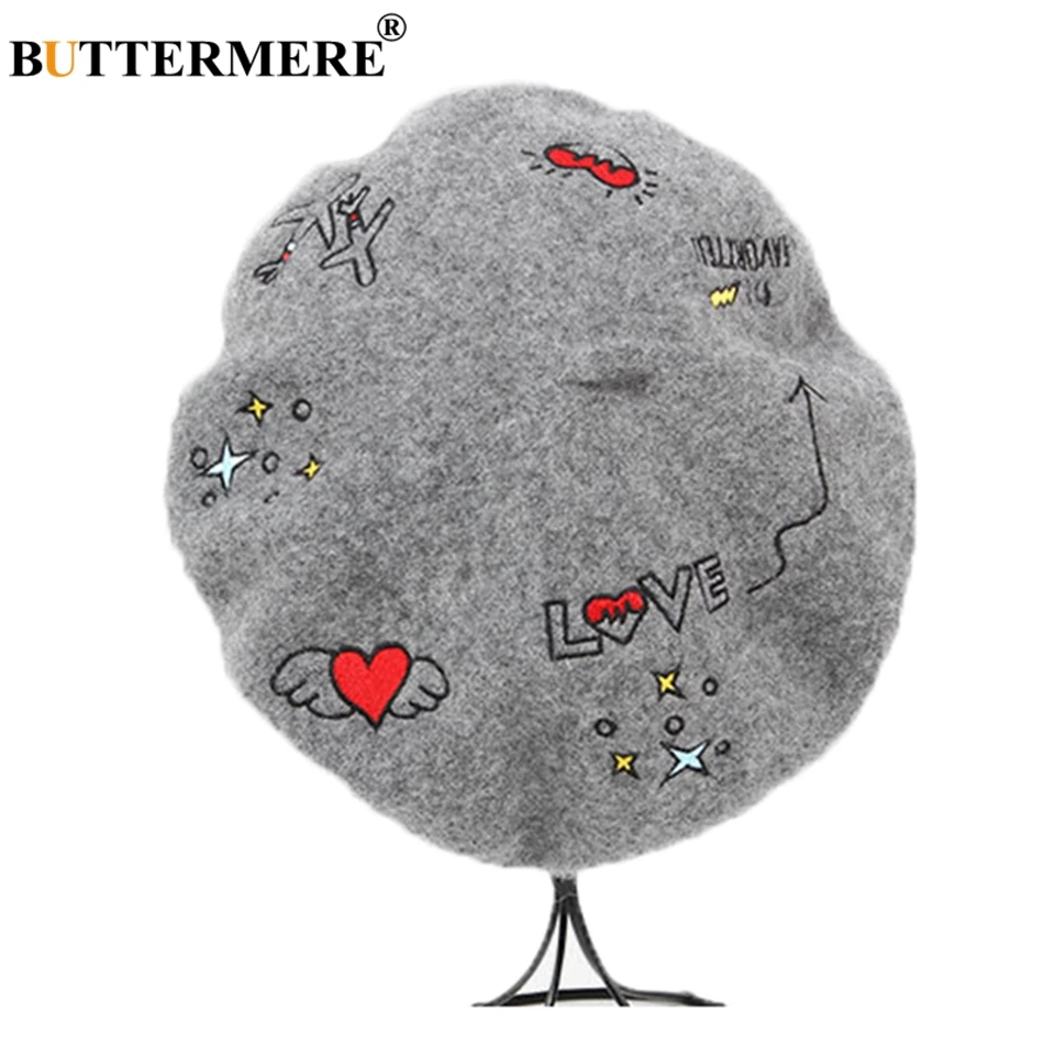 BUTTERMERE Wool Felt Beret Caps For Women Gray Embroidered Painters Cap Ladies Fashion Love French Female Winter Artist Hats